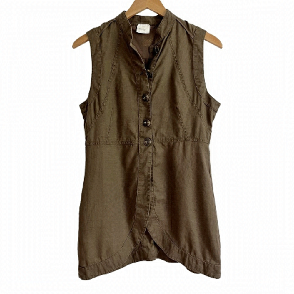 Linen Sleeveless Button Down Tunic Top Brown